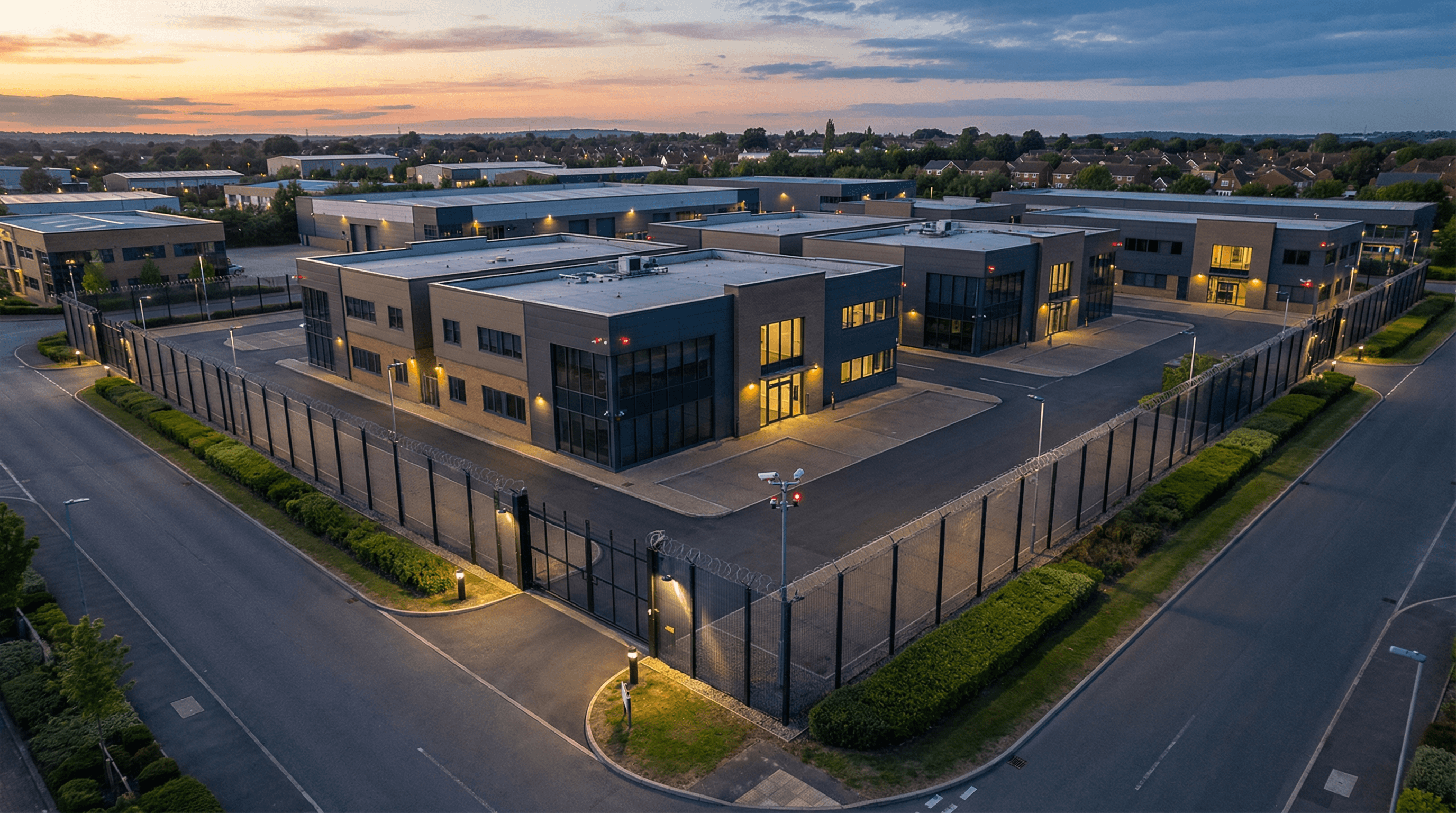 Secured commercial property at twilight with perimeter fencing and CCTV