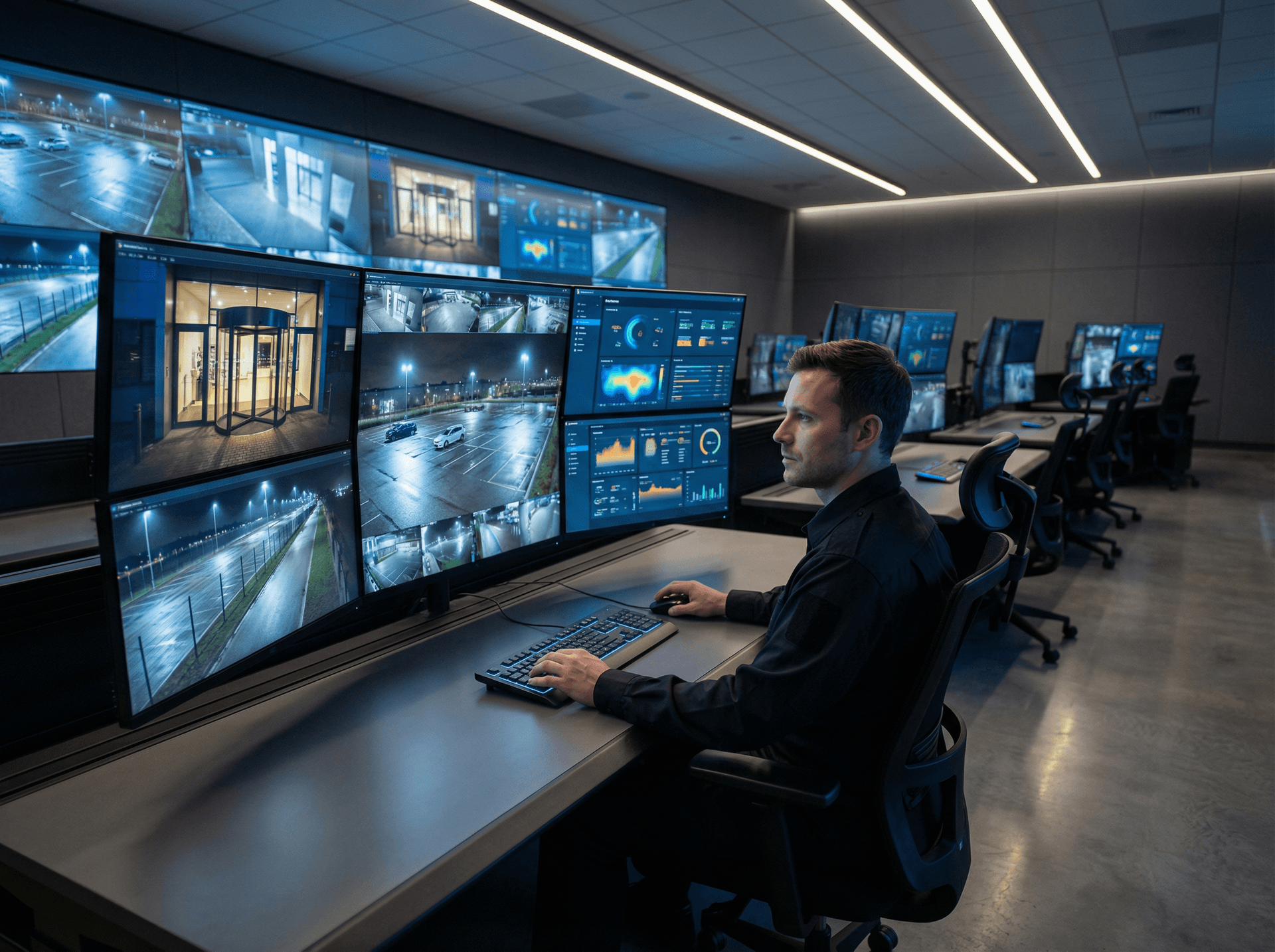 Security monitoring center with multiple screens and operator